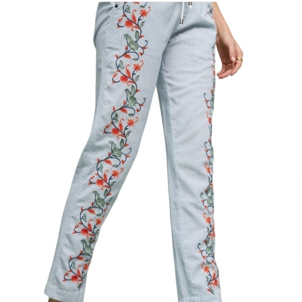 Anthropologie eze sur mer Petaled Embroidered Striped Pants Size Small
